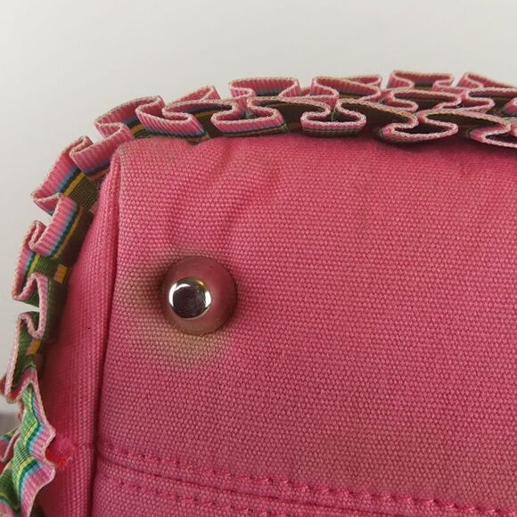 And pink plaid ruffled zip top handbag with faux w - Picture 9 of 17